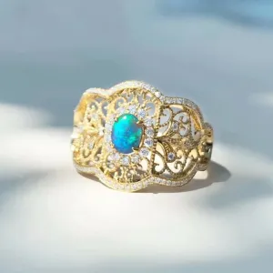 18K Gold Oval Cut 0.25ct Natural Opal Real Dianond Luxury Ring