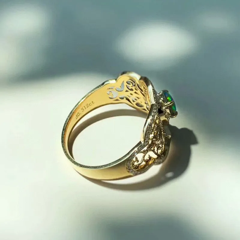 18K Gold Oval Cut 0.25ct Natural Opal Real Dianond Luxury Ring