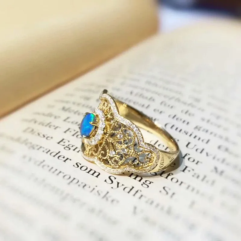 18K Gold Oval Cut 0.25ct Natural Opal Real Dianond Luxury Ring
