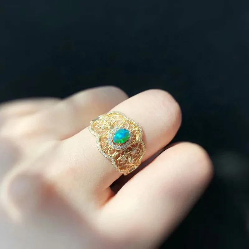 18K Gold Oval Cut 0.25ct Natural Opal Real Dianond Luxury Ring