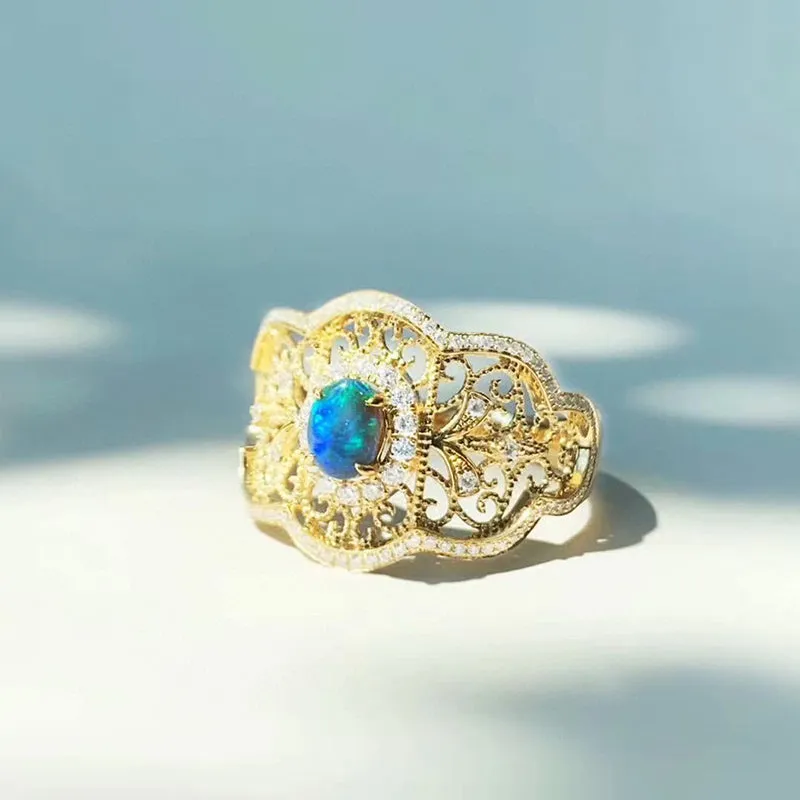 18K Gold Oval Cut 0.25ct Natural Opal Real Dianond Luxury Ring