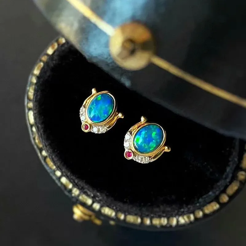 18K Gold Oval Cut 0.30ct Natural Opal Ruby Diamond Stud Earrings