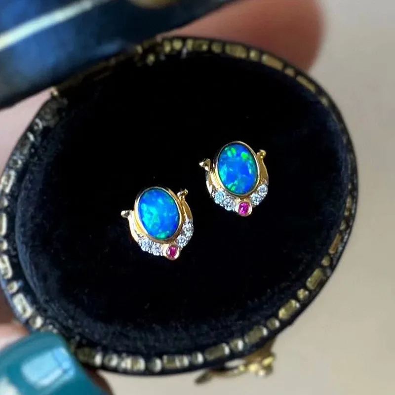 18K Gold Oval Cut 0.30ct Natural Opal Ruby Diamond Stud Earrings