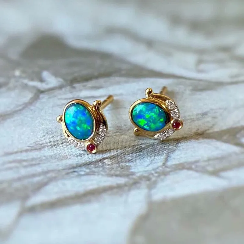 18K Gold Oval Cut 0.30ct Natural Opal Ruby Diamond Stud Earrings