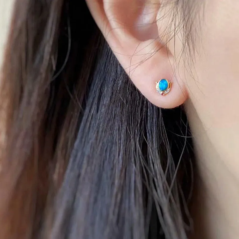 18K Gold Oval Cut 0.30ct Natural Opal Ruby Diamond Stud Earrings