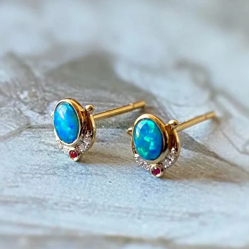 18K Gold Oval Cut 0.30ct Natural Opal Ruby Diamond Stud Earrings
