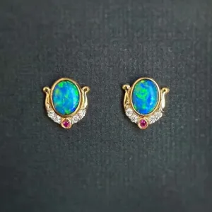 18K Gold Oval Cut 0.30ct Natural Opal Ruby Diamond Stud Earrings