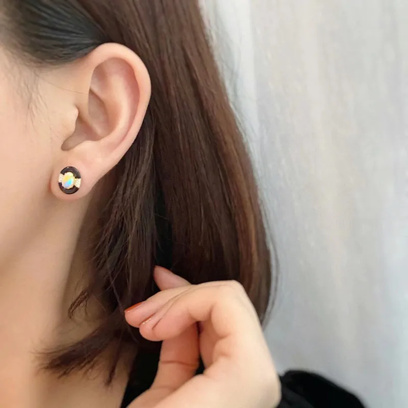 18K Gold Oval Cut 0.35ct Natural Opal Black Agate Diamond Stud Earrings