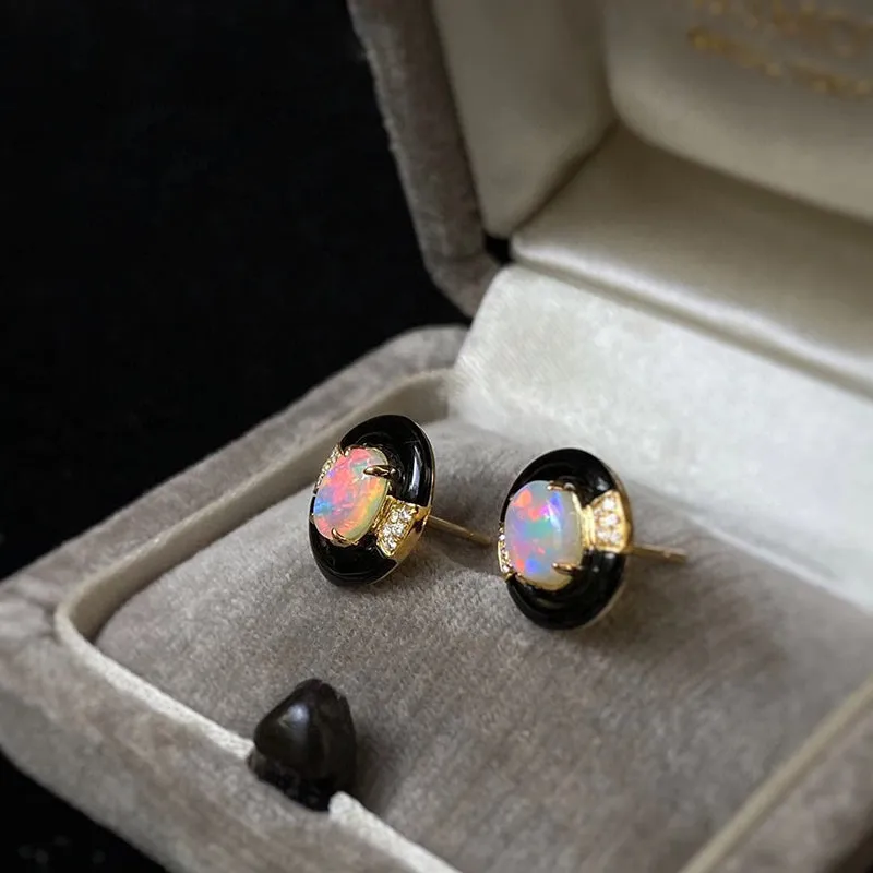 18K Gold Oval Cut 0.35ct Natural Opal Black Agate Diamond Stud Earrings