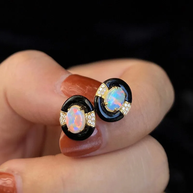 18K Gold Oval Cut 0.35ct Natural Opal Black Agate Diamond Stud Earrings