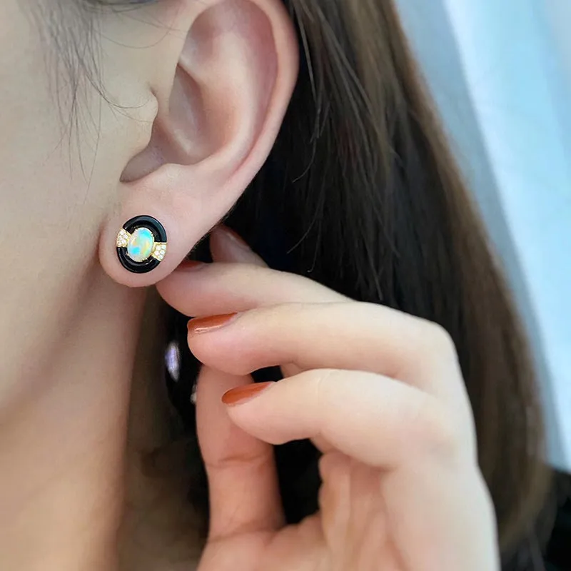 18K Gold Oval Cut 0.35ct Natural Opal Black Agate Diamond Stud Earrings