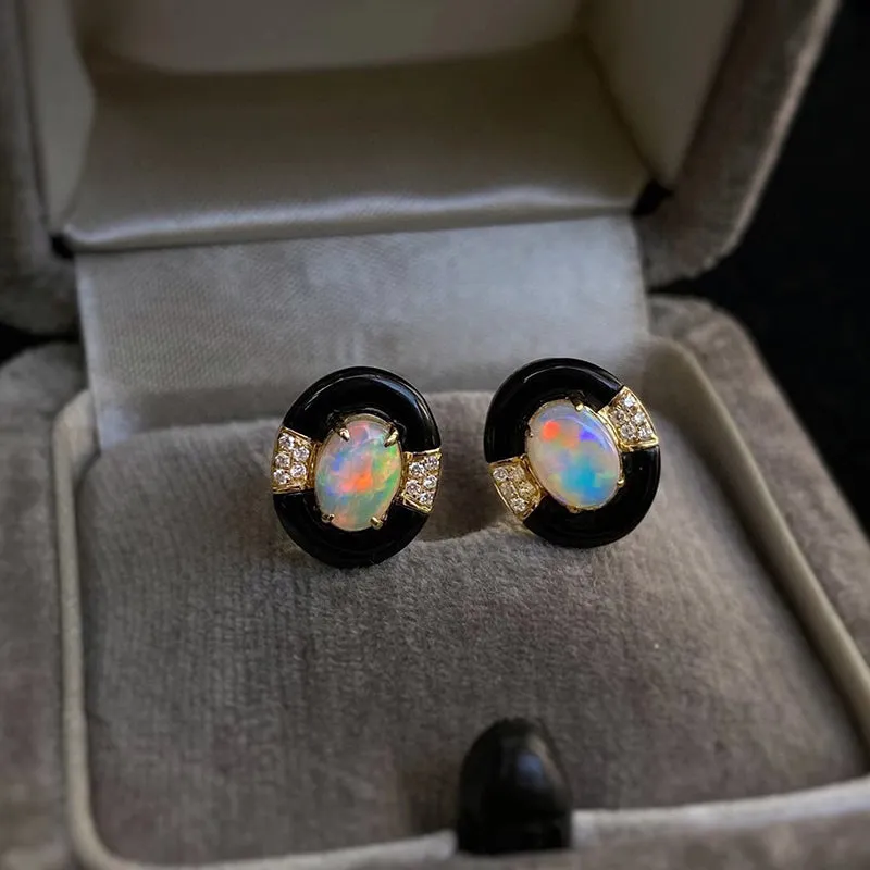 18K Gold Oval Cut 0.35ct Natural Opal Black Agate Diamond Stud Earrings