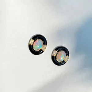 18K Gold Oval Cut 0.35ct Natural Opal Black Agate Diamond Stud Earrings