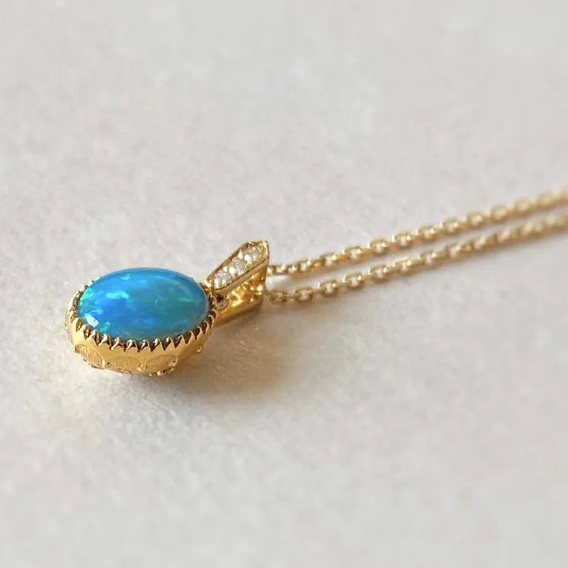 18K Gold Oval Cut 0.40ct Natural Opal 0.01ct Diamond Pendant Necklace 18"