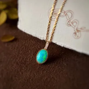 18K Gold Oval Cut 0.40ct Natural Opal 0.01ct Diamond Pendant Necklace 18"