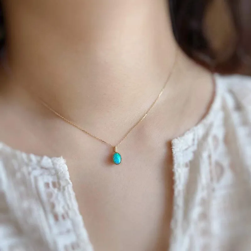 18K Gold Oval Cut 0.40ct Natural Opal 0.01ct Diamond Pendant Necklace 18"