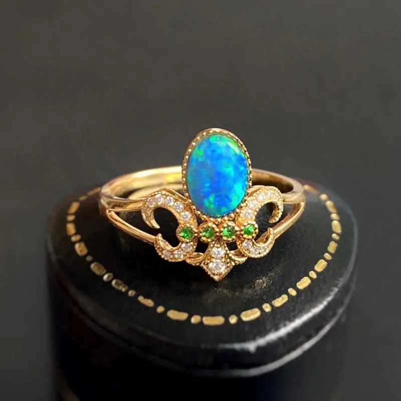 18K Gold Oval Cut 0.5ct Natural Opal Gemstone Vintage Ring