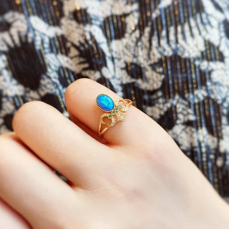 18K Gold Oval Cut 0.5ct Natural Opal Gemstone Vintage Ring