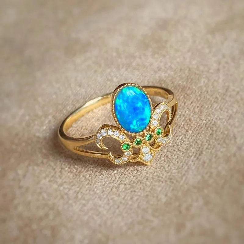 18K Gold Oval Cut 0.5ct Natural Opal Gemstone Vintage Ring