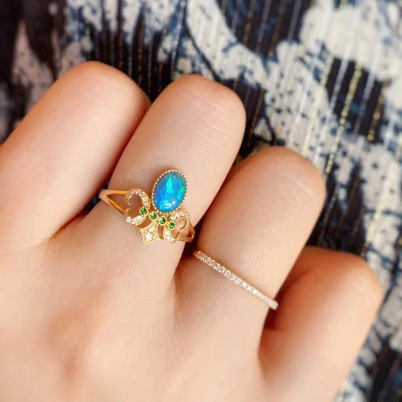 18K Gold Oval Cut 0.5ct Natural Opal Gemstone Vintage Ring