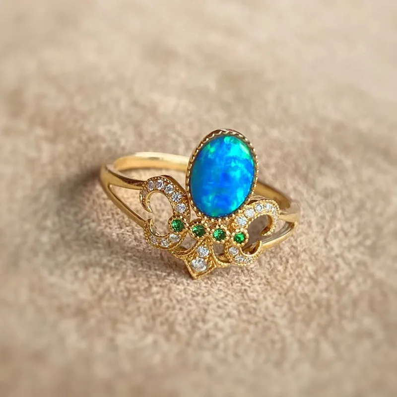 18K Gold Oval Cut 0.5ct Natural Opal Gemstone Vintage Ring