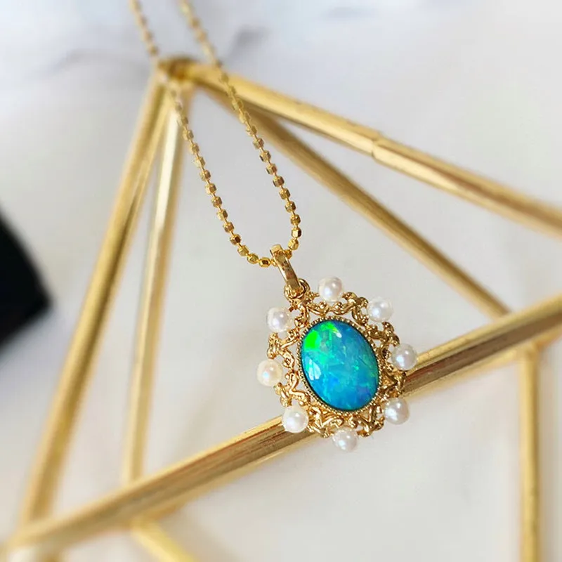 18K Gold Oval Cut 1.0ct Natural Opal AKOYA Pearl Vintage Pendant Necklace 18"