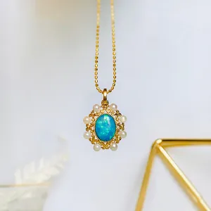 18K Gold Oval Cut 1.0ct Natural Opal AKOYA Pearl Vintage Pendant Necklace 18"