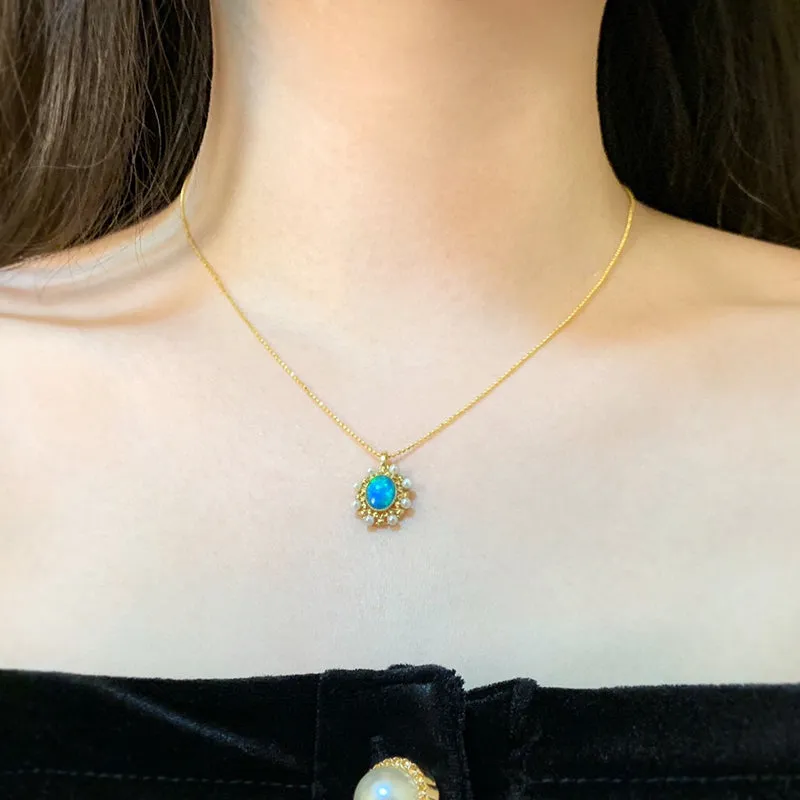 18K Gold Oval Cut 1.0ct Natural Opal AKOYA Pearl Vintage Pendant Necklace 18"