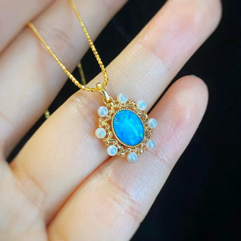 18K Gold Oval Cut 1.0ct Natural Opal AKOYA Pearl Vintage Pendant Necklace 18"