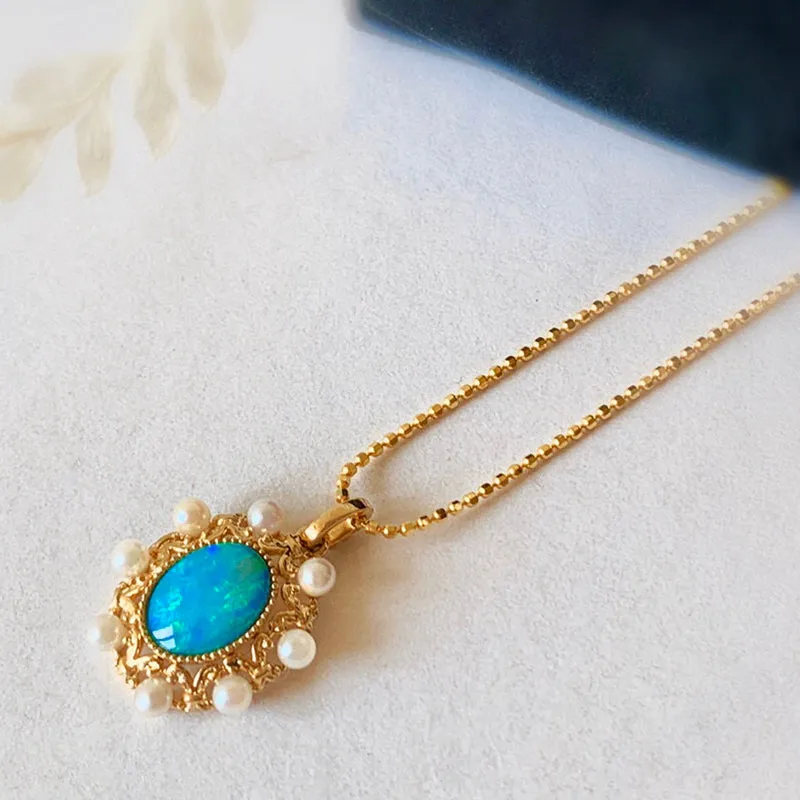 18K Gold Oval Cut 1.0ct Natural Opal AKOYA Pearl Vintage Pendant Necklace 18"