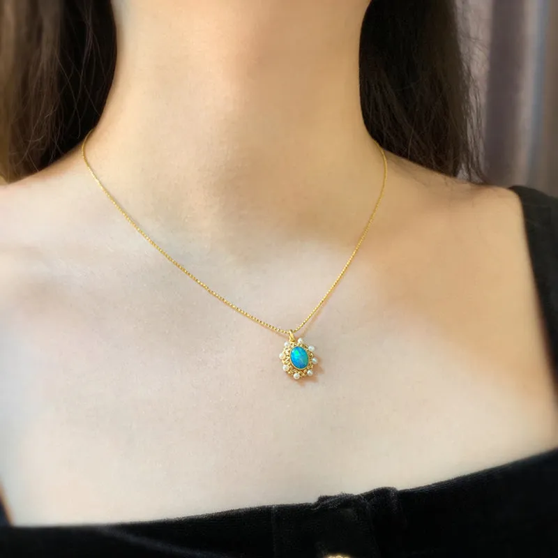 18K Gold Oval Cut 1.0ct Natural Opal AKOYA Pearl Vintage Pendant Necklace 18"