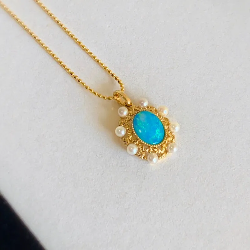 18K Gold Oval Cut 1.0ct Natural Opal AKOYA Pearl Vintage Pendant Necklace 18"