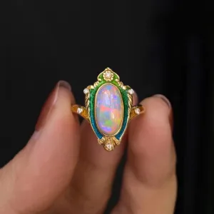 18K Gold Oval Cut 1.5ct Natural Opal Real Diamond Enamel Process Ring