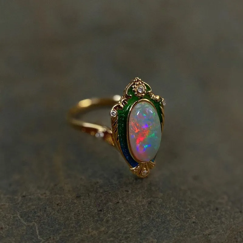 18K Gold Oval Cut 1.5ct Natural Opal Real Diamond Enamel Process Ring