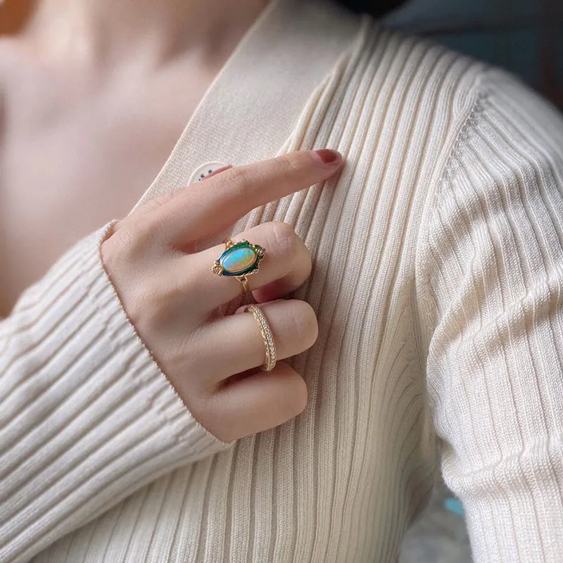 18K Gold Oval Cut 1.5ct Natural Opal Real Diamond Enamel Process Ring