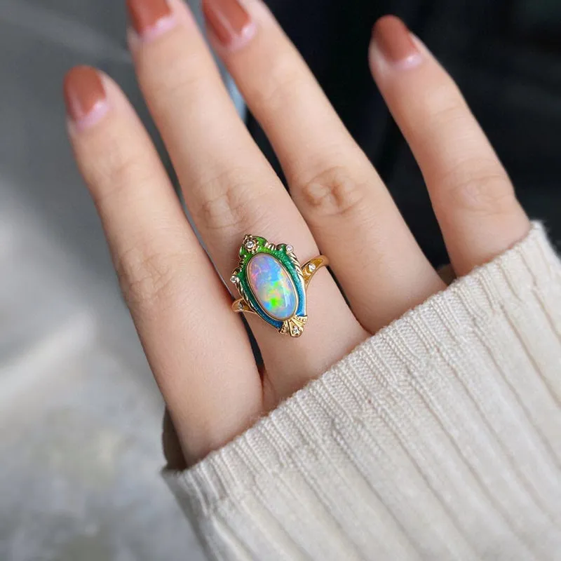 18K Gold Oval Cut 1.5ct Natural Opal Real Diamond Enamel Process Ring