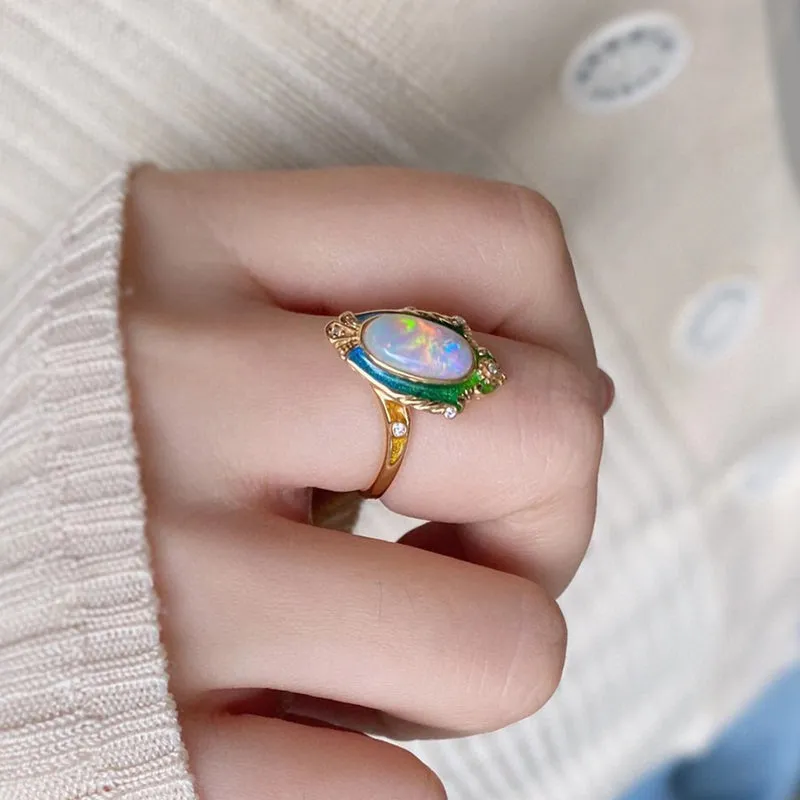 18K Gold Oval Cut 1.5ct Natural Opal Real Diamond Enamel Process Ring
