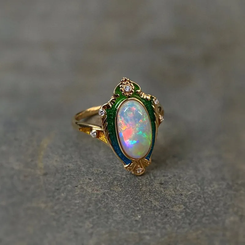 18K Gold Oval Cut 1.5ct Natural Opal Real Diamond Enamel Process Ring