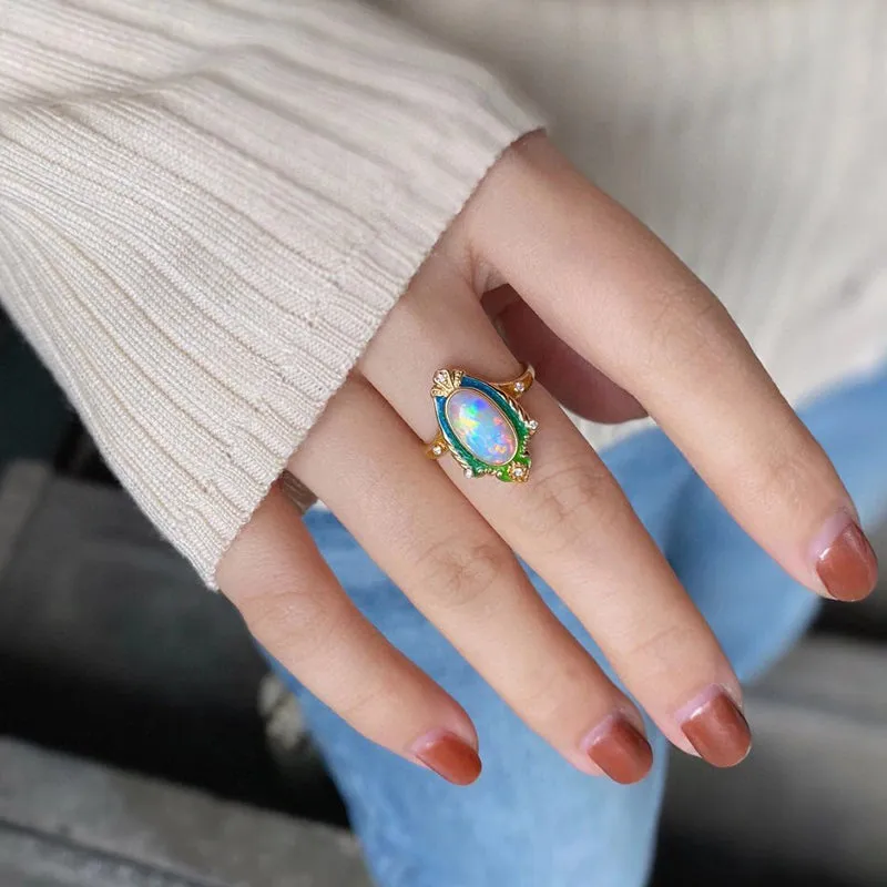 18K Gold Oval Cut 1.5ct Natural Opal Real Diamond Enamel Process Ring