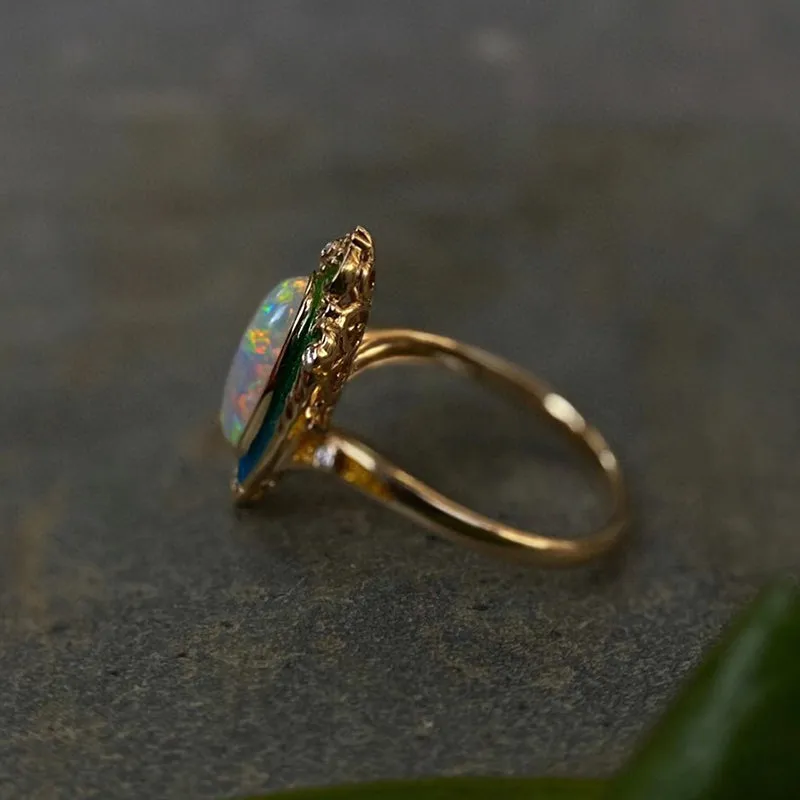 18K Gold Oval Cut 1.5ct Natural Opal Real Diamond Enamel Process Ring