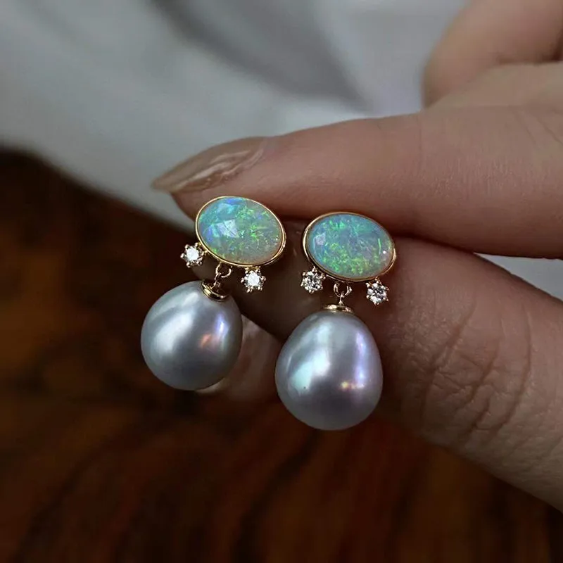 18K Gold Oval Cut 1.7ct Natural Opal & AKOYA Pearl Diamond Drop Earrings