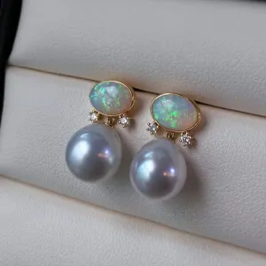 18K Gold Oval Cut 1.7ct Natural Opal & AKOYA Pearl Diamond Drop Earrings