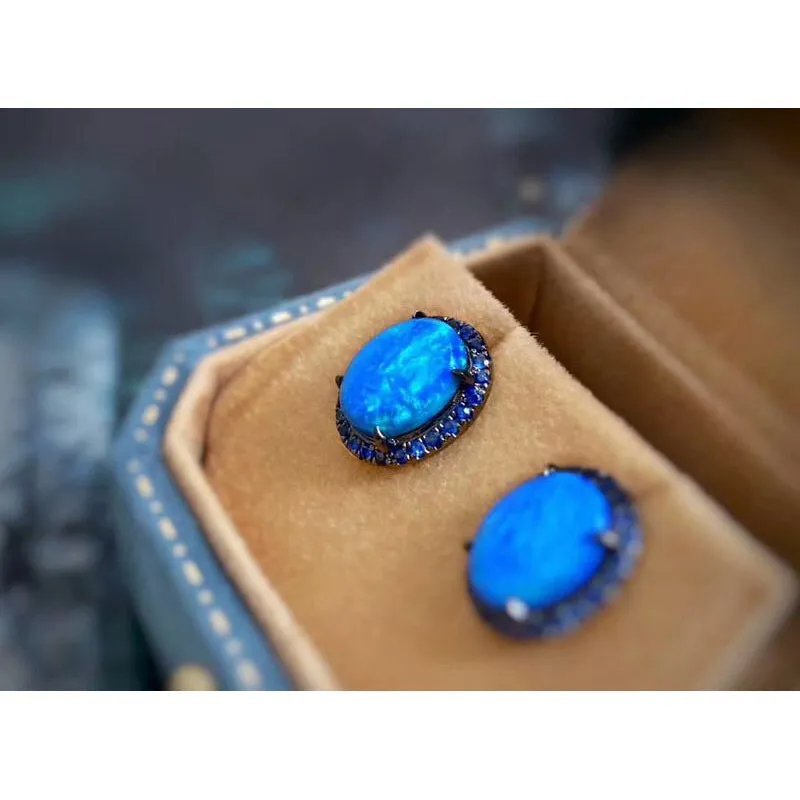 18K Gold Oval Cut 2.2ct Natural Opal Real Sapphire Stud Earrings