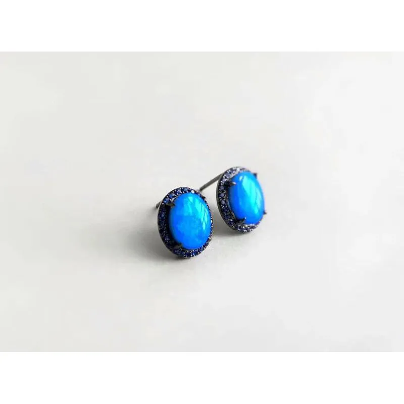 18K Gold Oval Cut 2.2ct Natural Opal Real Sapphire Stud Earrings