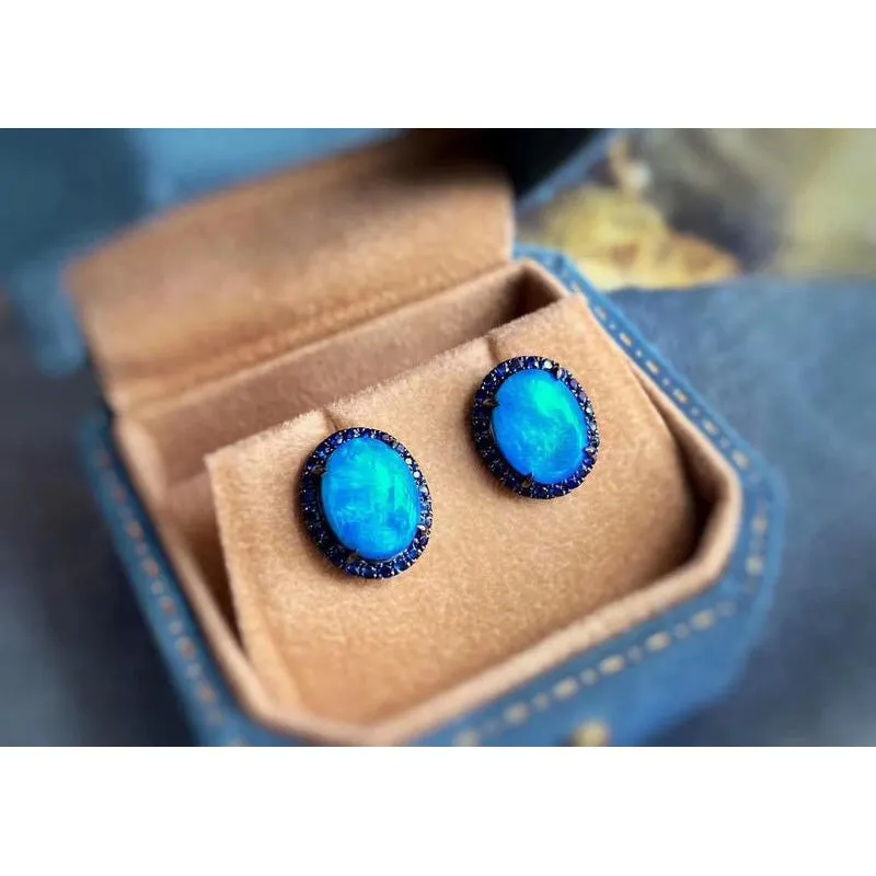 18K Gold Oval Cut 2.2ct Natural Opal Real Sapphire Stud Earrings