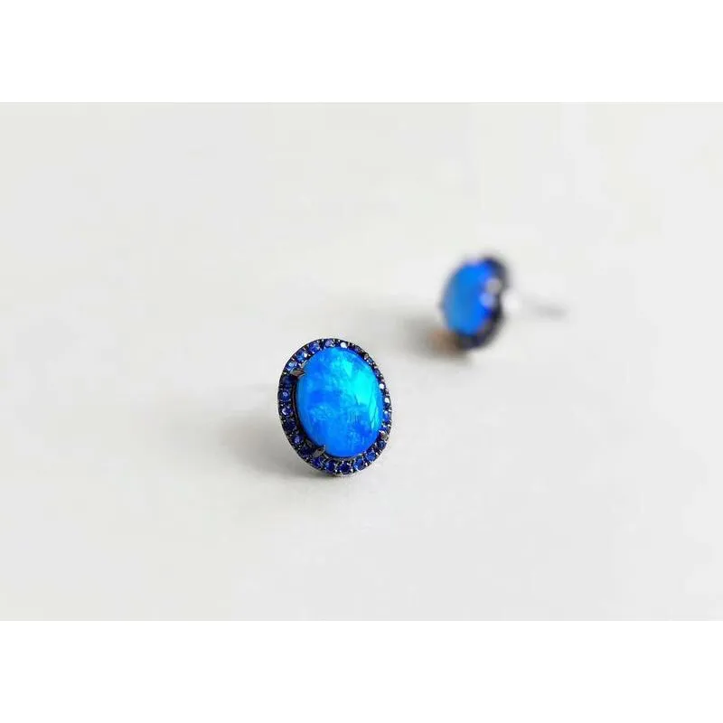 18K Gold Oval Cut 2.2ct Natural Opal Real Sapphire Stud Earrings