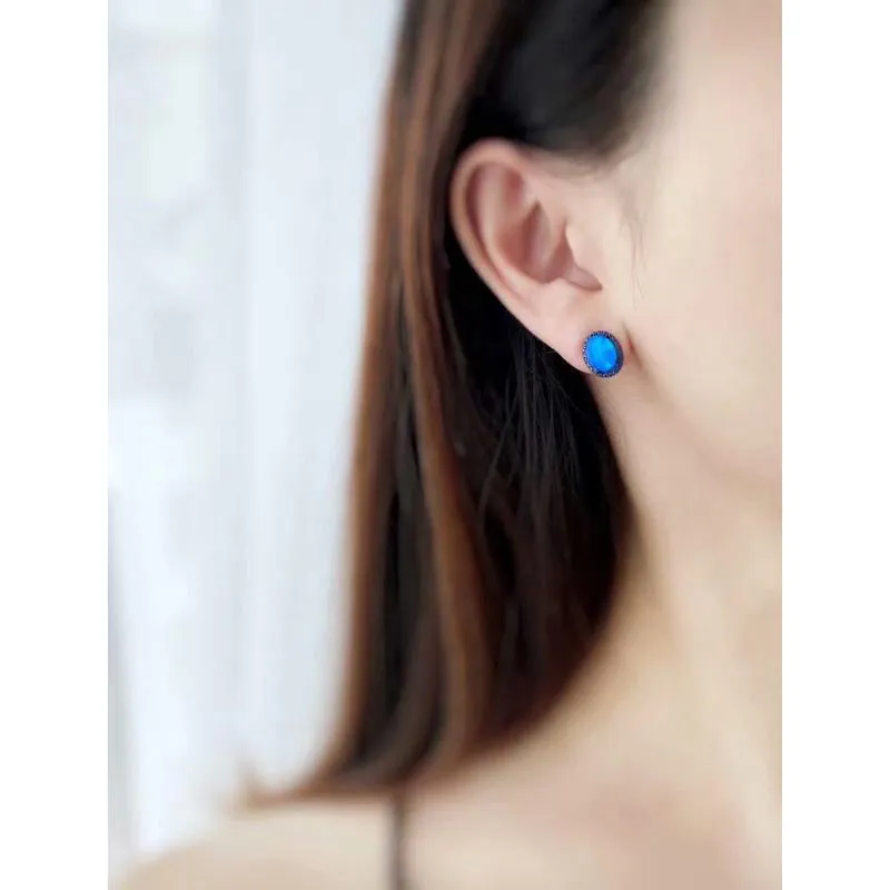 18K Gold Oval Cut 2.2ct Natural Opal Real Sapphire Stud Earrings