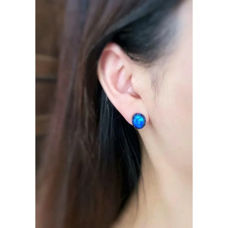 18K Gold Oval Cut 2.2ct Natural Opal Real Sapphire Stud Earrings