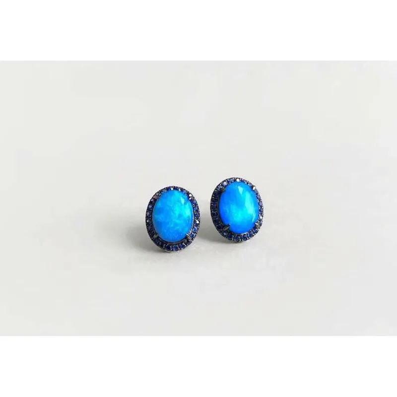 18K Gold Oval Cut 2.2ct Natural Opal Real Sapphire Stud Earrings
