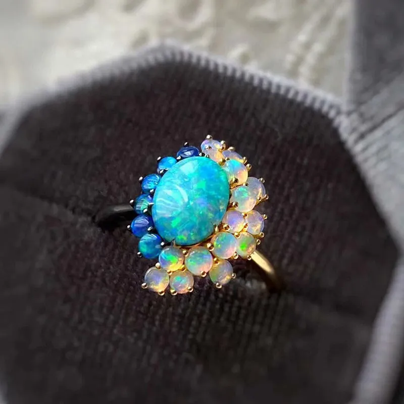 18K Gold Oval Cut Natural Opal 0.95ct  Halo Stone Ring